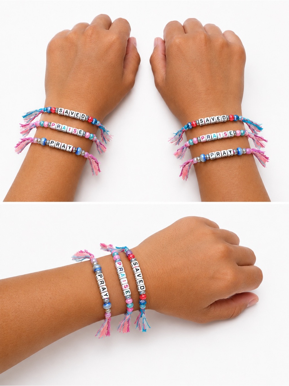 Set of 3 Pink & Blue Beaded Word Bracelets - SAVED PRAISE PRAY